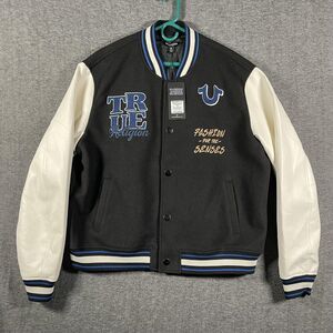 True Religion Varsity Jacket XL Black Wool Leather Sleeves Spellout Streetwear